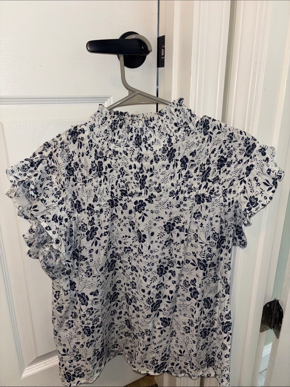 Adiva White Blouse with Navy Floral Print and Ruffle Sleeves